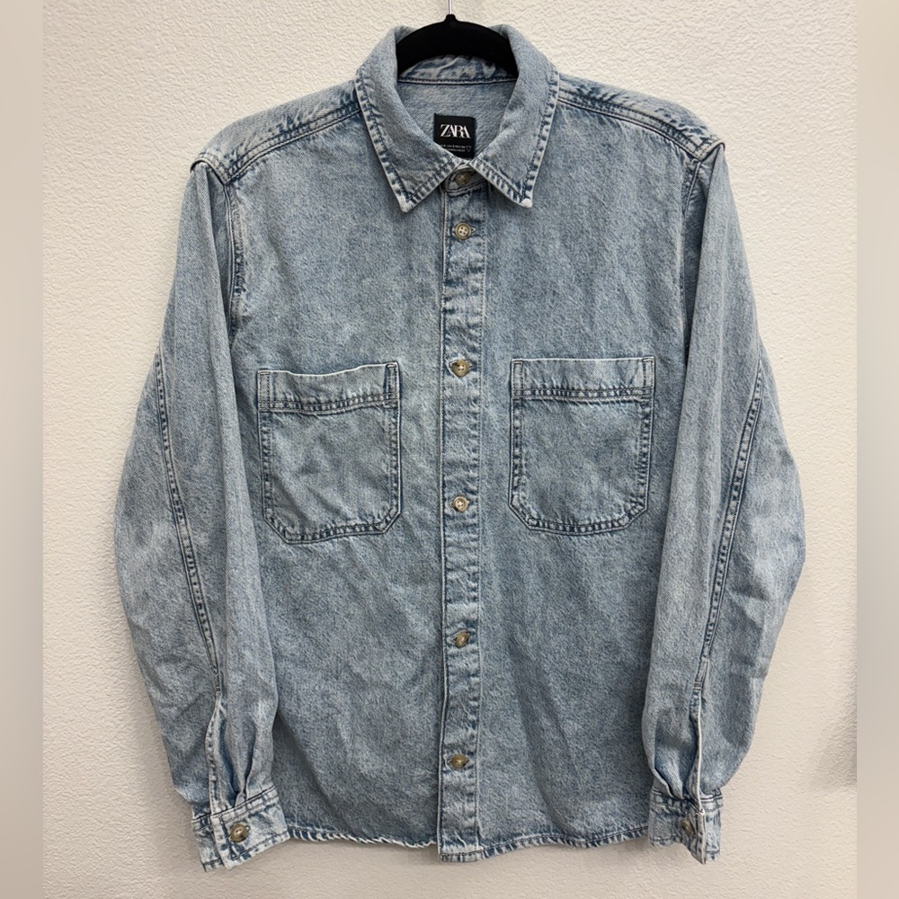 Zara Light Blue Acid Wash Denim Shirt Jacket Shacket Small 100% Cotton Unisex